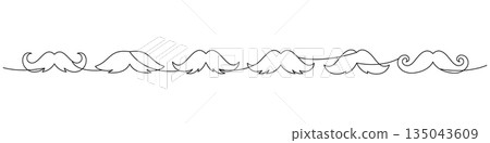 Set of moustache continuous line illustration. Minimal one line art whisker collection for retro hipster posters, barbershop logos and stylish design. Set of moustache continuous line illustration. Minimal one line art whisker collection for retro hipster posters, barbershop logos and stylish design. 135043609