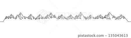 Mountain ridge outline vector. Long continuous line art of jagged peaks for trekking, hiking, outdoor adventure and alpine travel branding Mountain ridge outline vector. Long continuous line art of jagged peaks for trekking, hiking, outdoor adventure and alpine travel branding 135043613