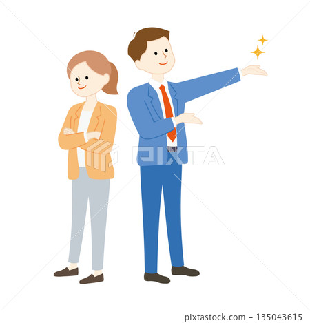 Men and women in suits standing back to back, smiling and arms crossed, teamwork and success business image illustration 135043615
