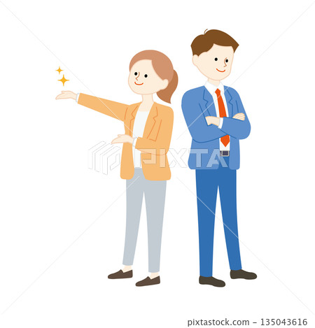Men and women in suits standing back to back, smiling and arms crossed, teamwork and success business image illustration Men and women in suits standing back to back, smiling and arms crossed, teamwork and success business image illustration 135043616