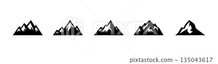 Minimalist black mountain peaks. Sharp jagged outline icon design for adventure, outdoor, hiking and climbing themes Minimalist black mountain peaks. Sharp jagged outline icon design for adventure, outdoor, hiking and climbing themes 135043617