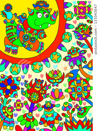 The sun dragon bestows the blessing of light on colorful flowers. 135043647