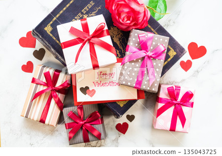 Valentine's Day design: box, heart, and roses Valentine's Day design: box, heart, and roses 135043725