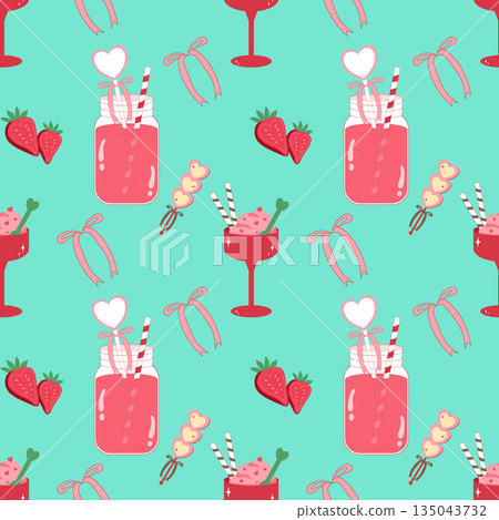 Valentine's Day seamless pattern with strawberry juice jars and pink desserts 135043732
