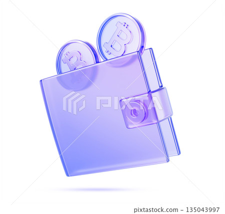 Glass holographic bitcoin wallet 3d icon with purple cryptocurrency coins. Security of digital money, safe storage service for buy, sell, trade, invest, exchange in blockchain network. 3D illustration Glass holographic bitcoin wallet 3d icon with purple cryptocurrency coins. Security of digital money, safe storage service for buy, sell, trade, invest, exchange in blockchain network. 3D illustration 135043997