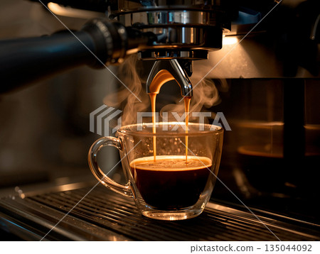 Cinematic macro shot of hot espresso dripping into a glass cup. Steaming coffee with golden crema under warm ambient lighting. Morning routine and artisan cafe brewing process. Cinematic macro shot of hot espresso dripping into a glass cup. Steaming coffee with golden crema under warm ambient lighting. Morning routine and artisan cafe brewing process. 135044092