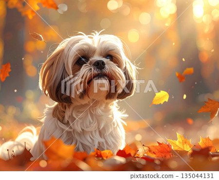 秋日里，一隻西施犬站在落葉間，構成了一幅美麗的肖像。 135044131