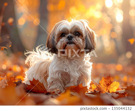 秋日景色，一隻西施犬佇立在落葉滿地的森林中。 135044132