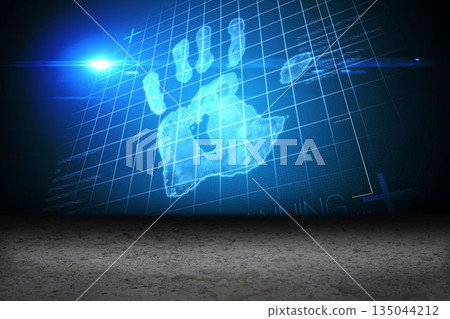 Digitally generated Hand print on blue grid Digitally generated Hand print on blue grid 135044212