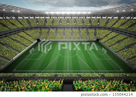 Large football stadium with fans in yellow Large football stadium with fans in yellow 135044214