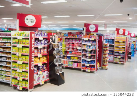 Various products arranged on shelves 135044228