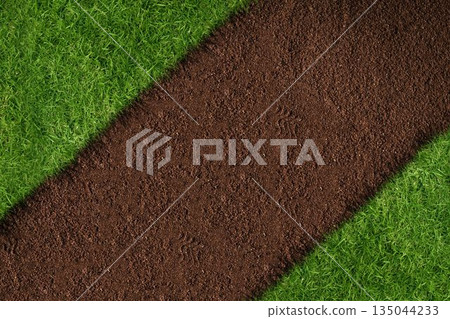 Flat design illustration is showing diagonal soil strip in top-down garden view with grass turf 135044233