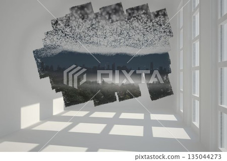 Abstract screen in room showing cityscape beneath stars Abstract screen in room showing cityscape beneath stars 135044273