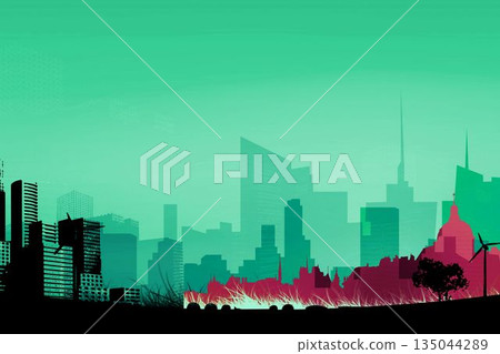 Stylized city skyline vector illustration is showing teal and red silhouettes with wind turbine 135044289