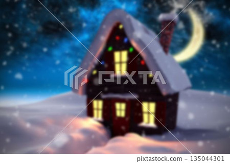 Flat design wooden cabin glowing with multicolor lights, snow drifting, crescent moon in starry sky Flat design wooden cabin glowing with multicolor lights, snow drifting, crescent moon in starry sky 135044301