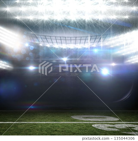 Empty stadium turf showing white 30 yard line is glowing beneath floodlights in flat vector design Empty stadium turf showing white 30 yard line is glowing beneath floodlights in flat vector design 135044306