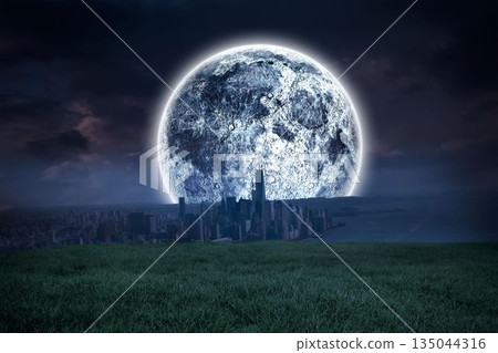 Digital composite of Bright moon over city 135044316