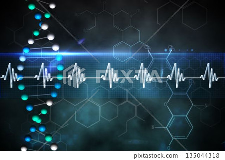 Blue DNA strand with ECG line 135044318
