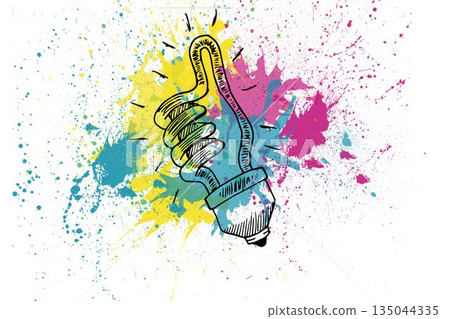Drawn light bulb showing thumb up over splashes 135044335