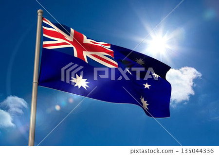Australia national flag on blue sky background Australia national flag on blue sky background 135044336