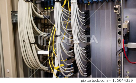 Network cabling is being shown in flat design rack with gray cables and yellow fiber lines 135044339