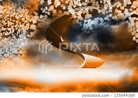 Winding staircase in the sky with flying papers 135044389
