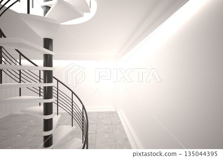 Digitally generated room with winding staircase 135044395