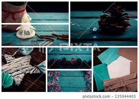 Christmas decoration on blue wood table Christmas decoration on blue wood table 135044403