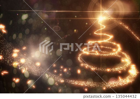 Swirling golden spiral forming tree in flat design on dark backdrop with bokeh, sparks, lens flare Swirling golden spiral forming tree in flat design on dark backdrop with bokeh, sparks, lens flare 135044432