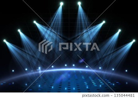 Flat design featuring curved stage floor with blue LEDs and arc spotlights casting beams in haze 135044481