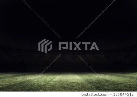 Grass playing field is being shown under stadium spotlight, flat design with striped turf Grass playing field is being shown under stadium spotlight, flat design with striped turf 135044512