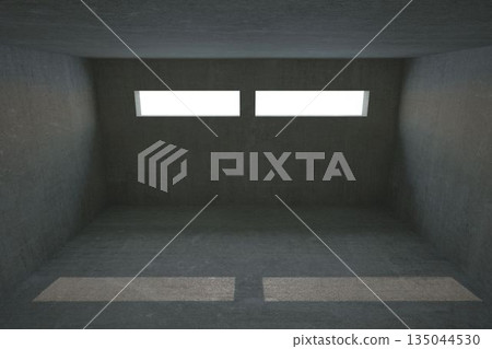 Two narrow window openings are casting light patches in flat design concrete space Two narrow window openings are casting light patches in flat design concrete space 135044530