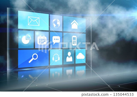 Futuristic 3D holographic panel is hovering above grid floor with mist, showcasing white icon tiles 135044533