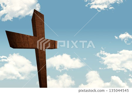 Weathered wooden cross is standing in flat design against pale blue sky dotted with fluffy clouds Weathered wooden cross is standing in flat design against pale blue sky dotted with fluffy clouds 135044545