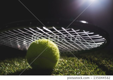 Close up of tennis ball under a racket Close up of tennis ball under a racket 135044582