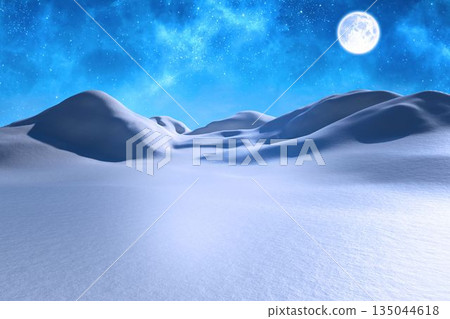 scene is showing rolling snow dunes under glowing full moon with starry sky in flat design 135044618