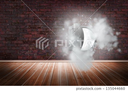 Open safe in dust cloud on brick lined wall Open safe in dust cloud on brick lined wall 135044660