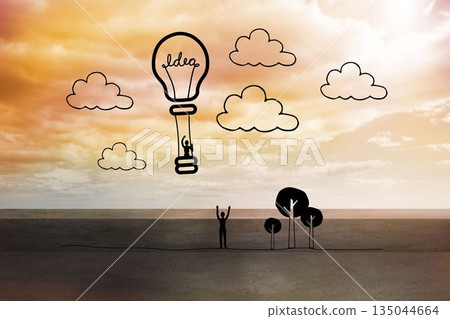 Hot air balloon over bright sky Hot air balloon over bright sky 135044664