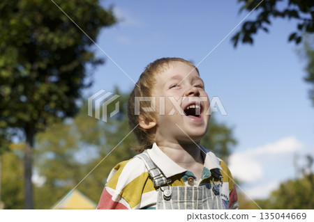 Portrait of a Cheerful Laughing Three-Year-Old Toddler Boy Outdoors Portrait of a Cheerful Laughing Three-Year-Old Toddler Boy Outdoors 135044669