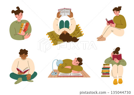 Set of scenes with people reading paper books, vector cartoon illustration collection in cute friendly style. Men and women sitting and lying with books, study and hobby themes for libraries Set of scenes with people reading paper books, vector cartoon illustration collection in cute friendly style. Men and women sitting and lying with books, study and hobby themes for libraries 135044730