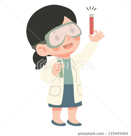 Girl Scientist Character Doing Experiment with Test Tubes Girl Scientist Character Doing Experiment with Test Tubes 135045084