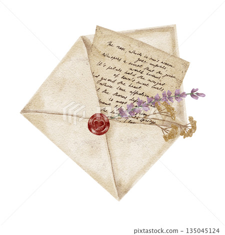 Envelope with letter and wax seal in warm neutral shades, watercolor clipart. Designed for Valentine stationery, wedding cards, branding elements, planners, packaging graphics Envelope with letter and wax seal in warm neutral shades, watercolor clipart. Designed for Valentine stationery, wedding cards, branding elements, planners, packaging graphics 135045124
