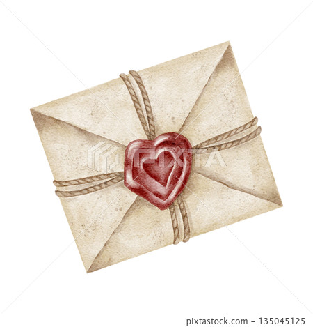Sealed envelope with wax heart in cream and red colors, watercolor clipart. Ideal for Valentine cards, wedding stationery, branding visuals, gift packaging, planners and romantic themed print designs Sealed envelope with wax heart in cream and red colors, watercolor clipart. Ideal for Valentine cards, wedding stationery, branding visuals, gift packaging, planners and romantic themed print designs 135045125