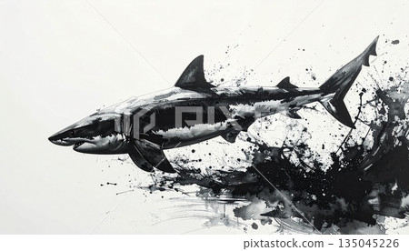 一幅用毛筆繪製的動態鯊魚水墨畫 135045226