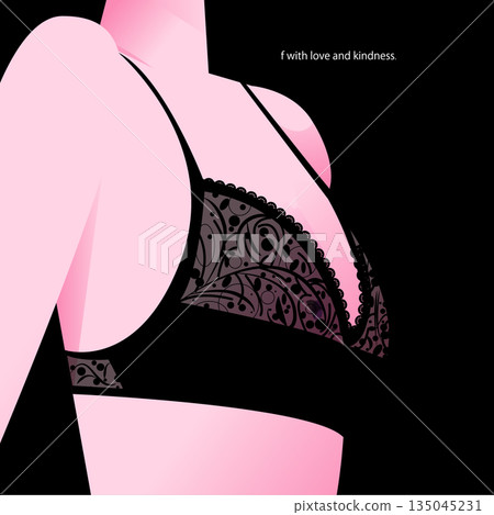 極簡主義向量插圖，描繪了一位身穿黑色蕾絲內衣的女性 135045231