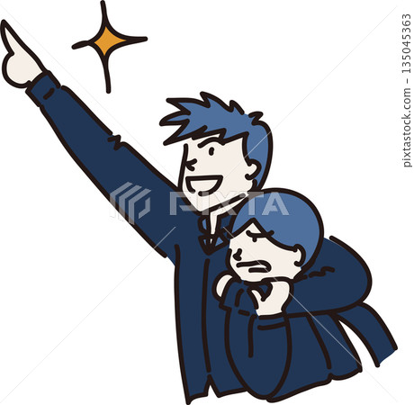 Illustration of a senior wearing work clothes and aiming for a goal and a reluctant junior in a navy blue uniform 135045363