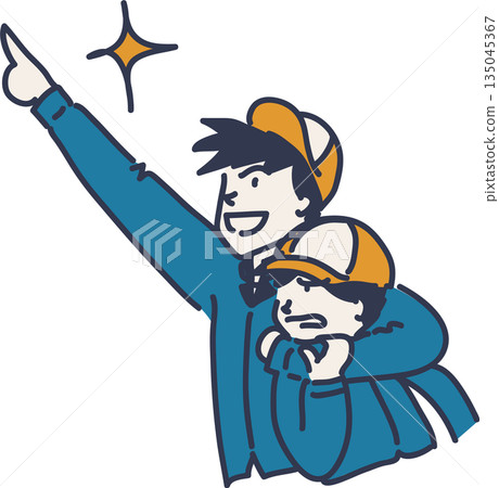 Illustration of a senior wearing work clothes and aiming for a goal and a reluctant junior in blue uniform 135045367
