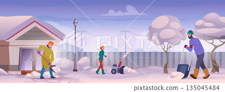 Snow cleaning. Urban landscape in snow time people cleaning snow in city exact vector cartoon seasonal background Snow cleaning. Urban landscape in snow time people cleaning snow in city exact vector cartoon seasonal background 135045484