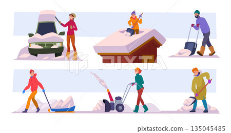 Snow cleaning. Urban seasonal stuff cleaning snow with shovels and special vehicles exact vector set 135045485