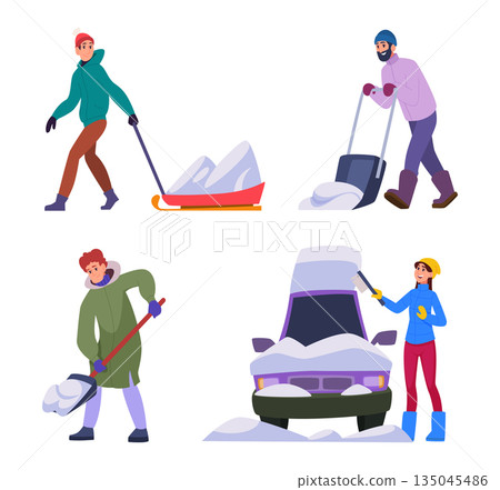 Cleaning snow. Seasonal workers people cleaning snow in snowy time exact vector cartoon illustrations Cleaning snow. Seasonal workers people cleaning snow in snowy time exact vector cartoon illustrations 135045486